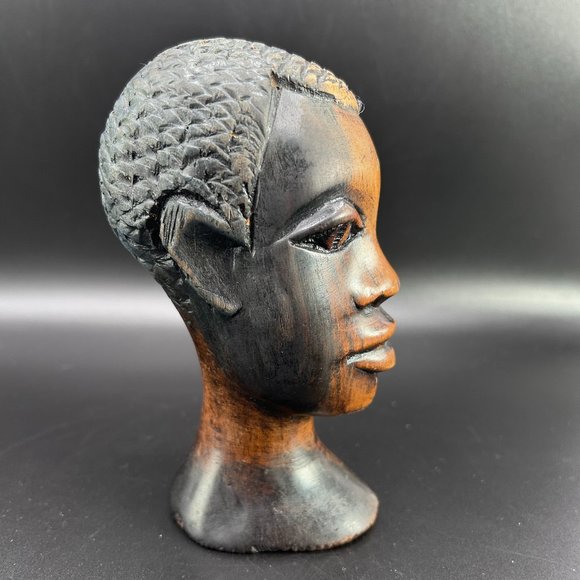 Hand Carved Wooden Male African Head Statue Approx 6" x 3" x 2.5" Decor Accents - Picture 3 of 14